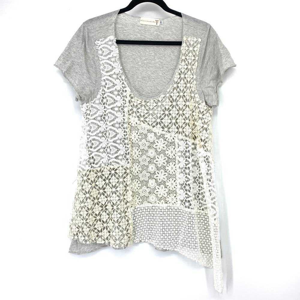 Johnny Was 4 Love And Liberty Top XL Gray Patchwork Lace Deep Scoop Neck Asym